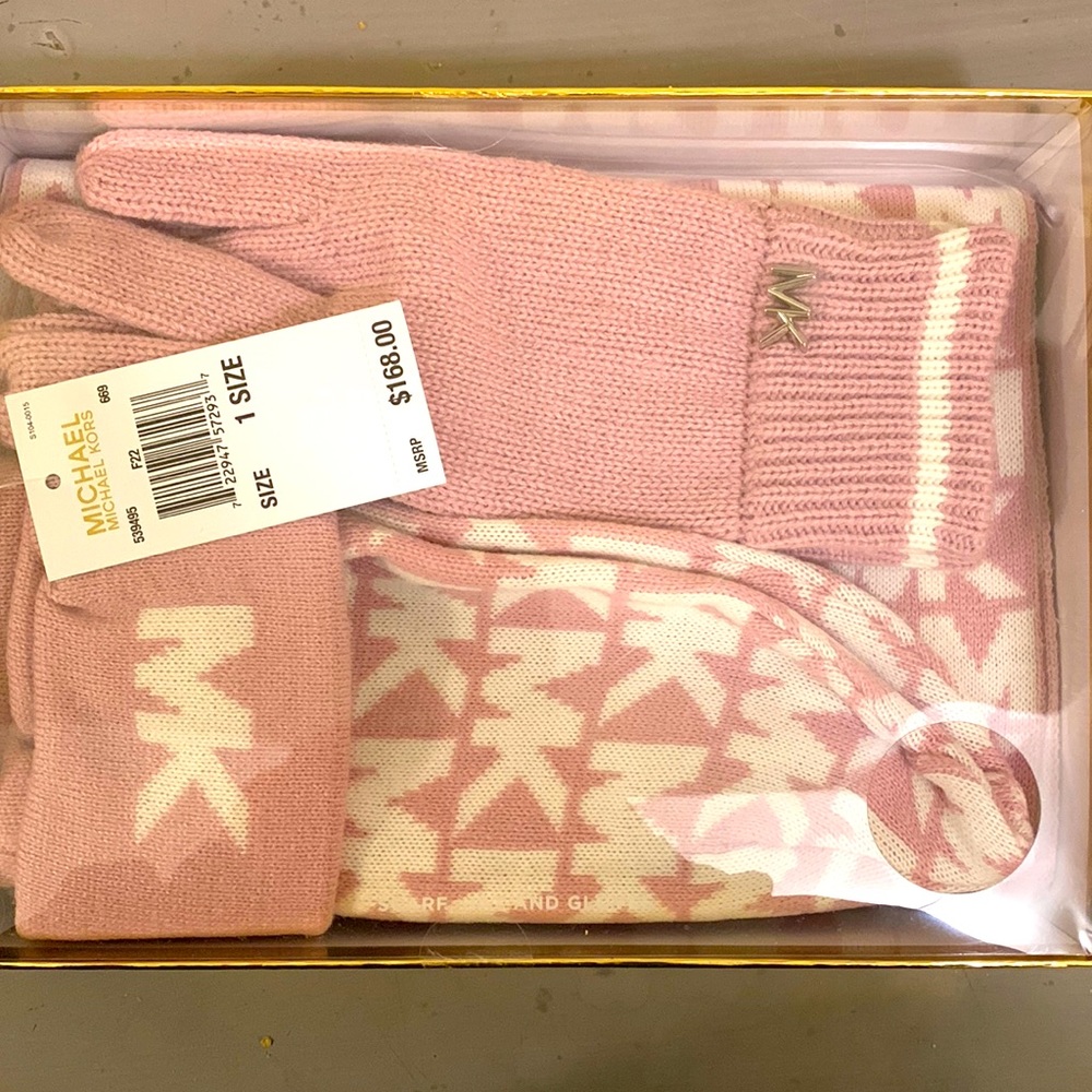 Michael Kors pink hat glove and scarf set